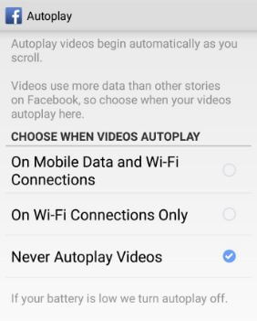 Nastavte nikdy automatické přehrávání videí na aplikaci facebook v telefonu Android