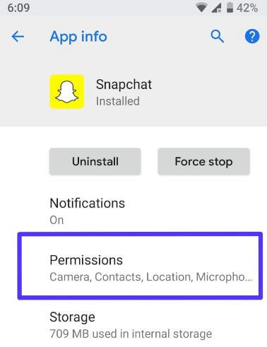 Nastavení oprávnění aplikace Snapchat v zařízení Android
